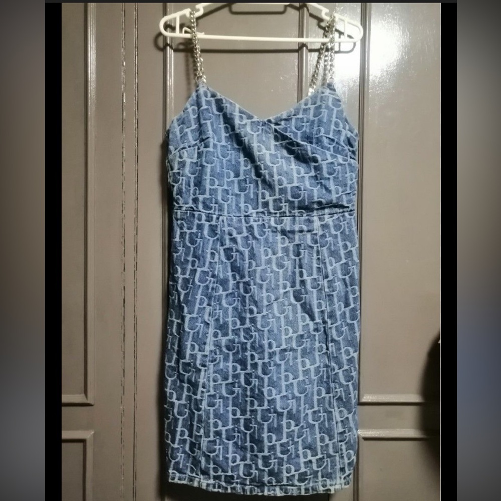 Urban Revivo Embossed Strappy Denim Dress chain straps size L